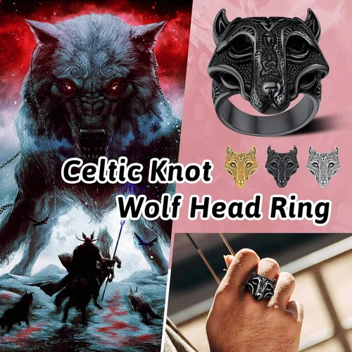 Vista 4 de FaithHeart Norse Viking Jewelry - Anillo de acero inoxidable de guerrero para hombre con diseño vikingo de cabeza de lobomartillo de Thor