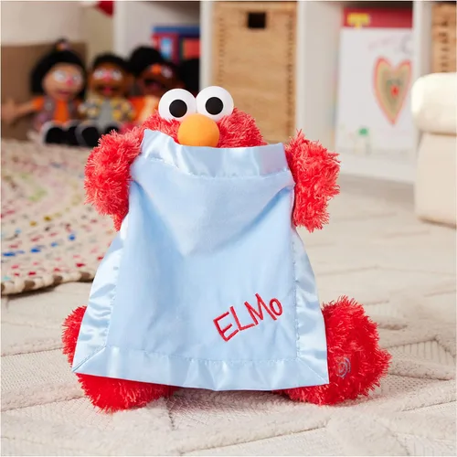 Vista 3 de GUND Sesame Street - Peluche animado oficial de Peek-a-Boo Elmo de Muppet de Plaza Sésamo, juguete sensorial de felpa prémium para edades de 18 Azul