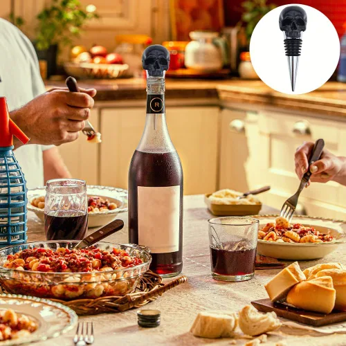 Vista 4 de Tapón de vino con diseño de calavera negra con lazo sellado de goma, accesorios de regalo para bar, boda, banquete, fiesta, vino, champán, amantes