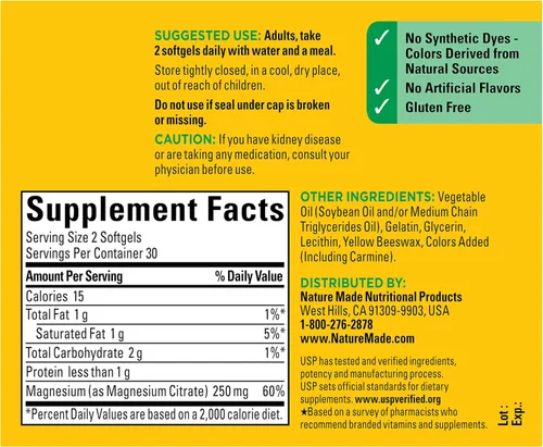 Vista 7 de Nature Made Citrato de magnesio 250 mg por porción (250 mg por cápsulas blandas), 60 recuentos para el soporte nutricional †