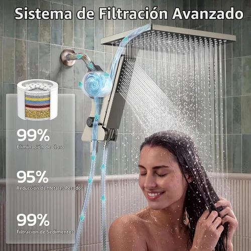 Vista 3 de JDO Cabezal de ducha de lluvia filtrado de 12 pulgadas con spray de mano Níquel cepillado