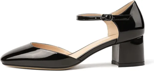 Vista 2 de MODENCOCO Zapatos de tacón bajo grueso con hebilla recortada para mujer, con correa en el tobillo, puntera cuadrada, 2 pulgadas