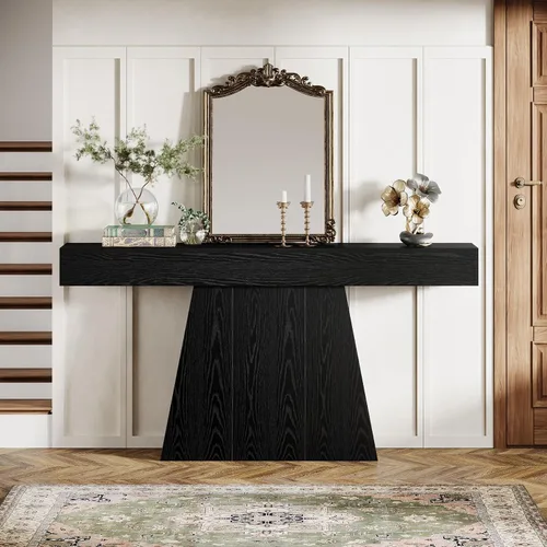Vista 5 de Tribesigns Mesa consola negra de 63 pulgadas, mesa de entrada de granja con base trapezoidal, mesa de sofá estrecha y larga de madera detrás