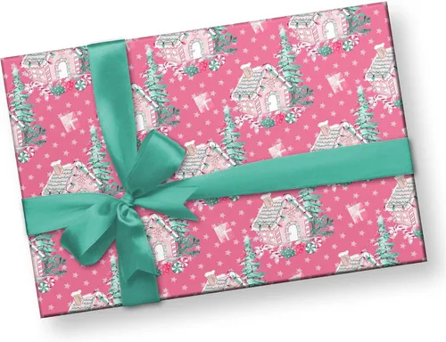 Vista 3 de Hermoso papel de regalo para casa de bastones de caramelo, rosa oscuro, rosa, grueso, papel de regalo de Navidad, turquesa, decoración navideña