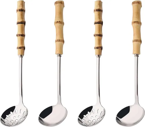 Vista 8 de Juego de cubiertos con mango de bambú, juego de cubiertos de 24 piezas para 6, cubiertos de acero inoxidable, incluye tenedores, cucharas