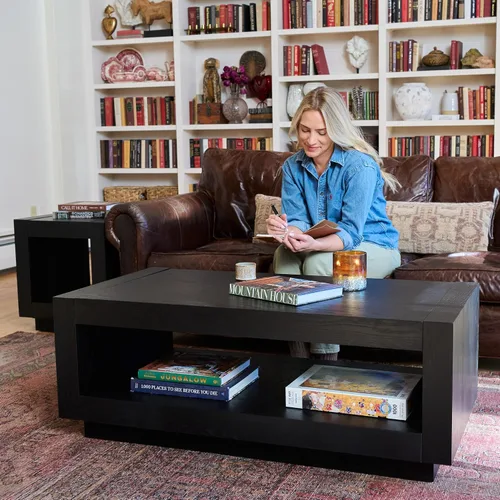 Vista 2 de Maven Lane Artemis Mesa de Café – Mesa Rectangular de 45 cm con Almacenamiento – Madera Sólida Negra – Ideal para Sala de Estar y Salón