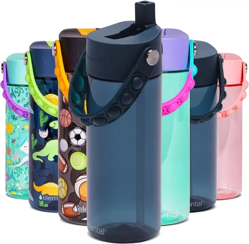 Vista 53 de Elemental Botellas de agua para niños – Botella de agua para niños Splash para la escuela con mango Pop-it – Botella de agua de plástico Tritan sin