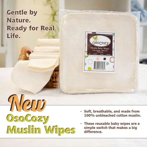 Vista 2 de OsoCozy Toallitas de muselina para bebé, 12 unidades, 100% algodón sin blanquear, toallitas de tela reutilizables para pieles sensibles, de secado