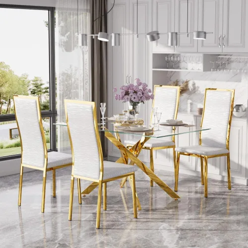 Vista 29 de Juego de mesa de comedor de cristal dorado moderno de 63 pulgadas para 6, juego de mesa de cocina rectangular de 7 piezas con patas de acero Negro