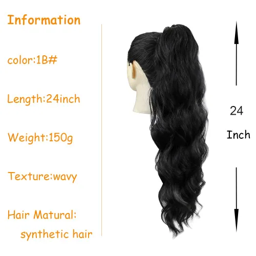 Vista 2 de KETHBE Extensión de pelo para cola de caballo de 24 pulgadas con onda corporal, sintética, resistente al calor, con cordón envolvente, rizada