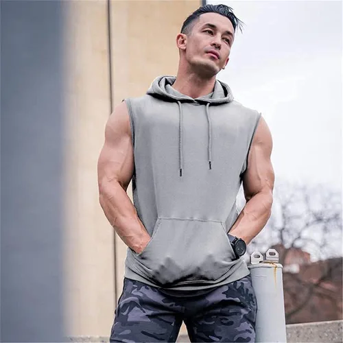 Vista 2 de OEAK Mens T Shirt Hooded Workout Tank Tops Sleeveless Hoodies Muscle Shirt Gym Training Blouse with Athletic Pockets