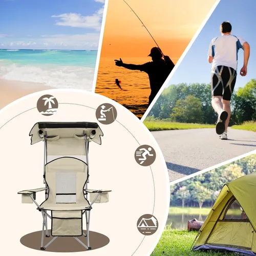 Vista 7 de BDL Silla de camping con toldo y sillas de playa plegables portátiles con refrigerador, respaldo de malla, portavasos y bolsillo para campamento