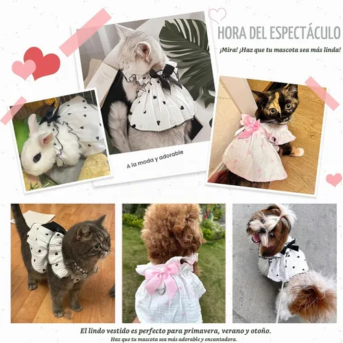 Vista 3 de Vestidos para perros pequeños, hembra, perro, gato, vestido lindo de algodón extra de verano, decoración de lazo, traje de cumpleaños, ropa de Rosa