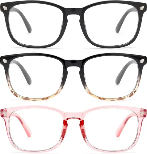 Vista 24 de Gaoye - Paquete de 3 anteojos de bloqueo de luz azul, falsos, cuadrados, de moda, anti rayos UV, para computadora, juegos, para mujeres/hombres
