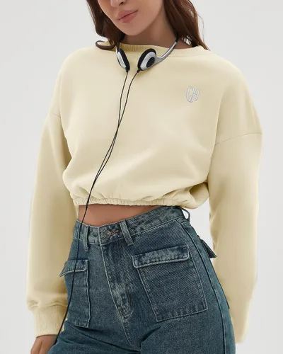 Vista 2 de CHYRII Sudadera corta de gran tamaño para mujer, de forro polar, cuello redondo, manga larga, para otoño e invierno