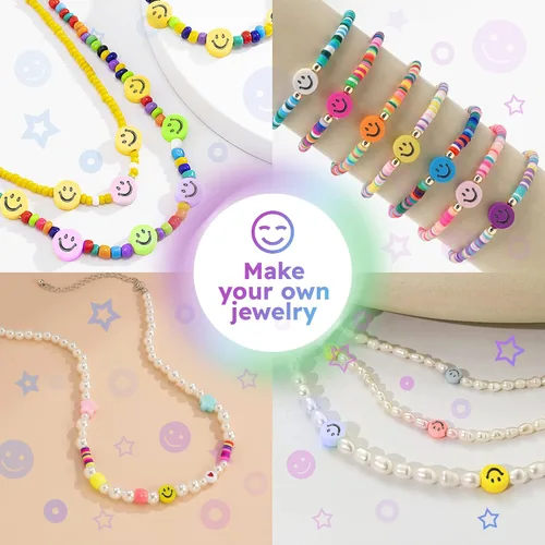 Vista 2 de 650 cuentas de cara sonriente, 0.27 x 0.157 pulgadas, paquete grande Cuentas coloridas mezcladas, cuentas de cara feliz para manualidades, joyas