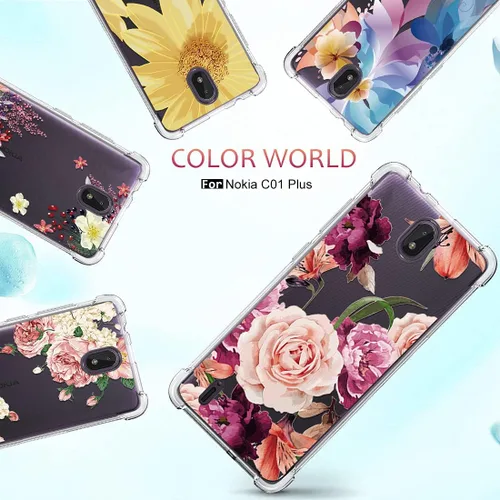 Vista 7 de Osophter Funda transparente para Nokia C01 Plus con protector de pantalla, esquinas reforzadas transparentes de TPU para Nokia C01 Plus (flor morada)