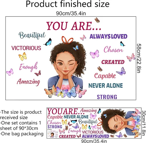 Vista 5 de Calcomanías inspiradoras de pared para niña negra, sacinora con frases motivacionales de mariposas, vinilo extraíble para despegar y pegar