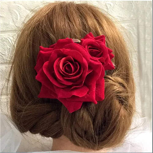 Vista 3 de Peines de pelo de flores, flor de rosa, bohemia, horquilla, disfraz de novia, decoración de pelo para fiesta, boda, rojo (1 unidad)