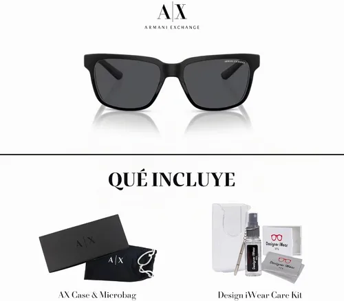 Vista 6 de Armani Exchange AX4026S - Gafas de sol cuadradas para hombre y mujer + paquete con kit de lentes de accesorios Negro mate/Negro brillante/Gris Sólido