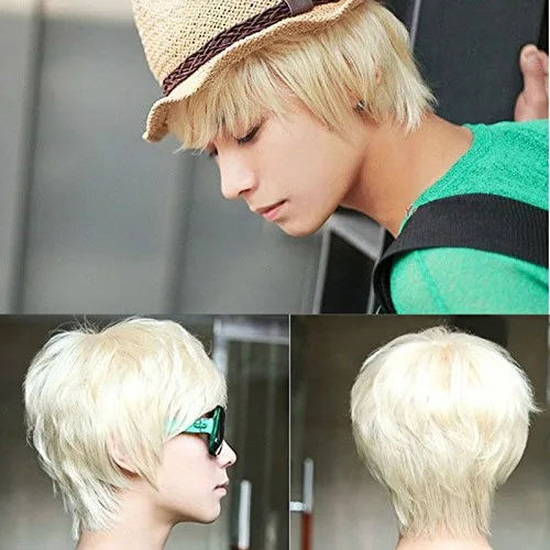 Vista 4 de ESUPPORT Mens Boys Short Straight Platinum Blonde Wig Cosplay Party Costume