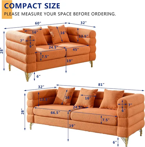 Vista 2 de Sofá de peluche, sofá copetudo de 81 pulgadas, cómodo sofá de 3 plazas con patas de metal dorado, moderno sofá seccional de asiento profundo, sofá