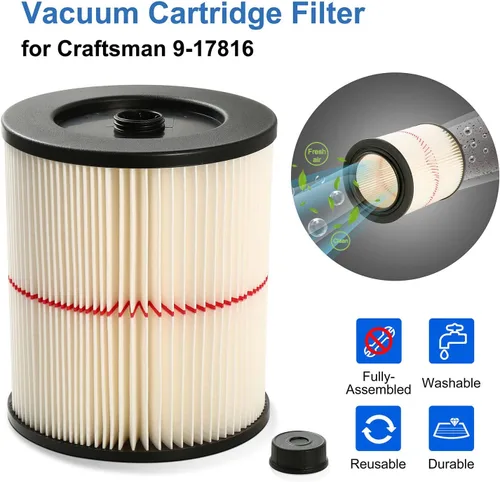 Vista 3 de Filtro de repuesto para Shop Vac Craftsman 9-17816 Filtro de aire húmedo y seco para aspiradora de 5, 6, 8, 12 y galones más grandes, paquete de 2