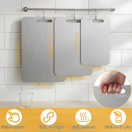 Vista 2 de Juego de tablas de cortar de acero inoxidable de 3 piezas, grado alimenticio, apto para lavavajillas, resistente al olor, para carne, frutas