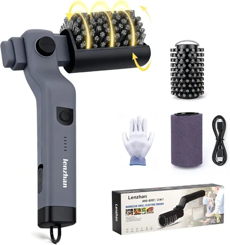 Vista 8 de Cepillo eléctrico inalámbrico para parrilla con ángulo ajustable, motor de potencia de 3 velocidades y cabezal de acero inoxidable, recargable, Negro