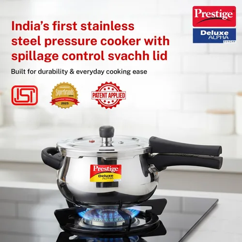 Vista 2 de Prestige Deluxe Alpha Svachh - Olla a presión de acero inoxidable con base Alpha y tapa profunda para control de derrames, (4.0 L Junior Handi)