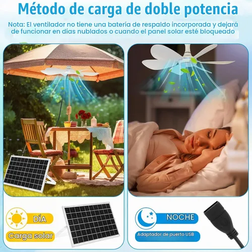 Vista 5 de Tujoe 1 juego de ventilador de techo solar de 16.5 pulgadas, panel solar monocristalino de 15 W, ventilador de techo colgante USB con control