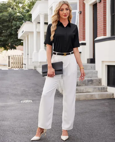 Vista 5 de Camisas con botones para mujer, ajustadas, de manga corta, con cuello, sin arrugas
