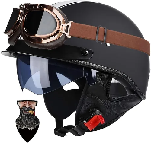 Vista 12 de Casco Moto Retro Vintage Jet Medio para Hombre y Mujer Adultos, DOT Homologado, Ventilación Dual, Visera Retráctil y Desmontable, Apto para Patinete