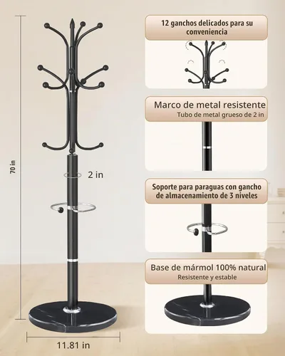 Vista 3 de Perchero de metal con base de mármol natural, soporte de perchero con 12 ganchos y soporte para paraguas, percheros modernos negros independientes