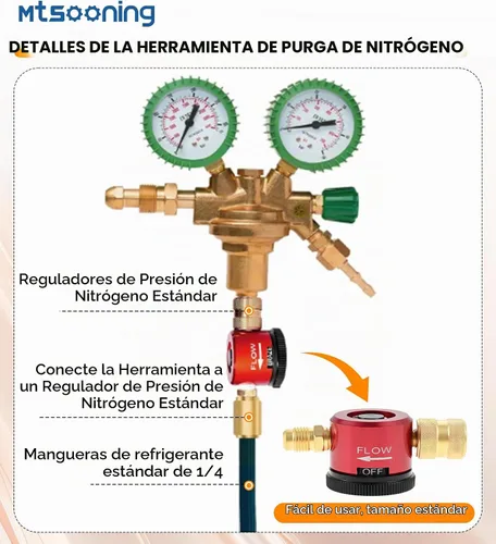 Vista 4 de Herramienta de purga de nitrógeno, regulador de flujo de metal ajustable con ajuste de llamarada de 1/4