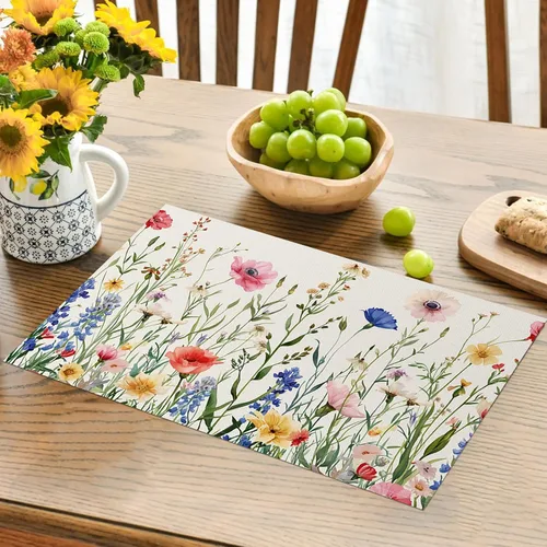 Vista 7 de AOFOTO Juego de 4 manteles individuales con estampado de flores silvestres coloridas, manteles individuales artísticos rectangulares modernos