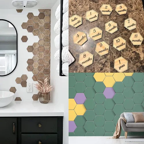 Vista 6 de 100 piezas de madera hexagonal sin terminar, recortes de madera en blanco con forma de hexágono, losas de madera natural, recortes