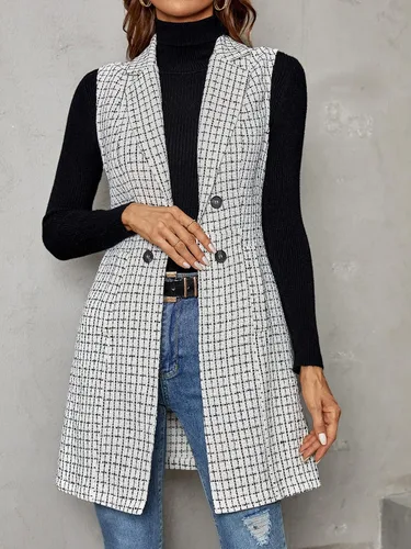 Vista 6 de Floerns Chaqueta de chaleco sin mangas con cuello de solapa para mujer con estampado a cuadros