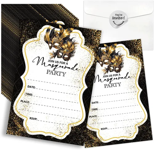 Vista 9 de Invitaciones para fiesta de máscaras, invitaciones de fiesta de Mardi Gras, 15 tarjetas y sobres, diseño floral moderno, unisex, adultos, ocasión