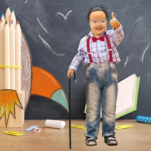 Vista 6 de Jutom Disfraz de anciano para el día 100 de escuela, 8 piezas, para niños, niños, abuelo, gafas de bastón, peluca calva, bigote y tirantes