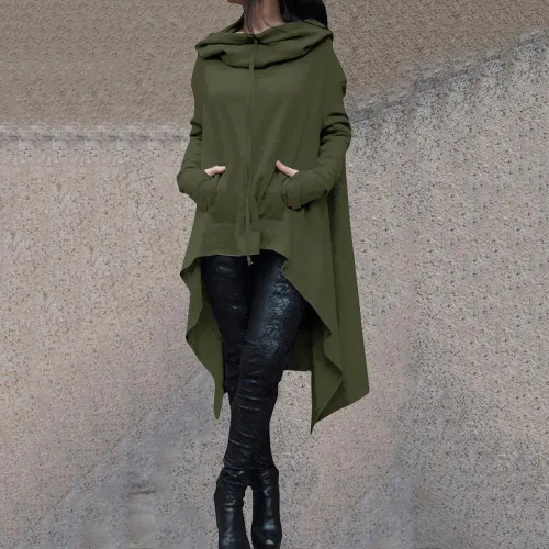 Vista 2 de Blusa irregular para mujer, con volantes, dobladillo asimétrico, talla grande, manga larga, con capucha, ropa de otoño
