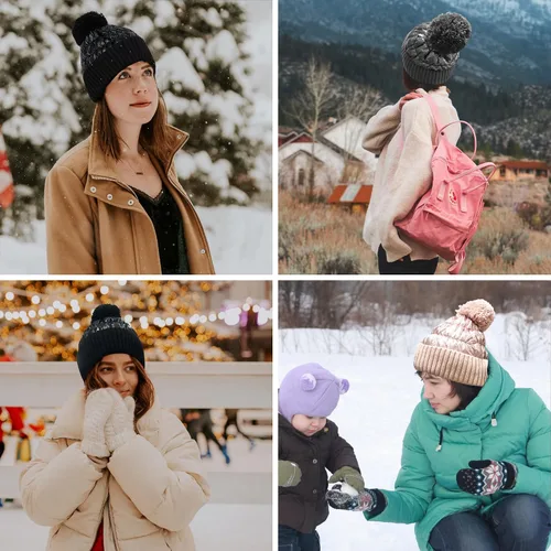 Vista 7 de Muryobao Gorro de invierno para mujer con forro polar brillante metálico con puños con diseño de calavera