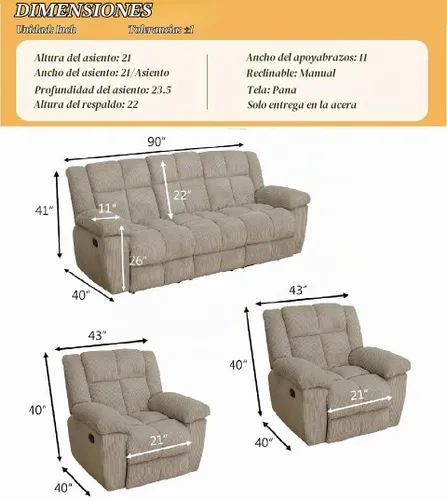 Vista 2 de Juego de sofá reclinable manual de pana extragrande para sala de estar, juego de sofá de pana con mesa desplegable y portavasos para Beige