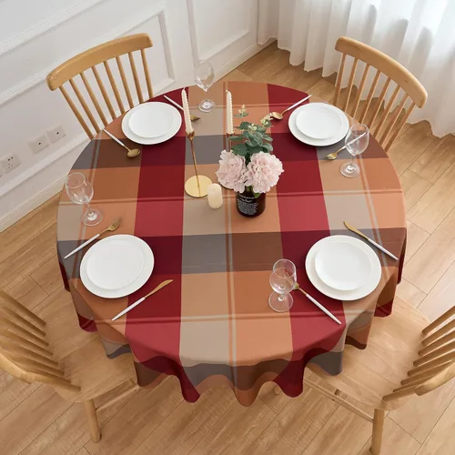 Vista 4 de Mantel Redondo de 60 Pulgadas Rojo Marrón a Cuadros de Cosecha - Mantel de Poliéster de Invierno a Cuadros Gingham de Navidad Cubierta de Mesa