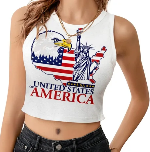 Vista 2 de Camiseta corta con bandera estadounidense para mujer, patriótica de Estados Unidos, para el 4 de julio, sexy, expuesta, suave, para verano, sin