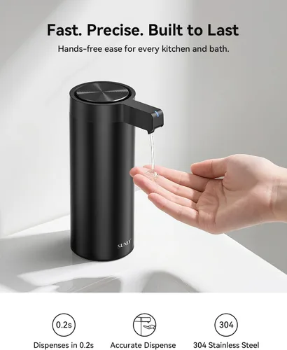 Vista 2 de SUNLY Dispensador de jabón automático sin contacto – Bomba sin obstrucciones, sensor rápido de 0.2 s, recargable USB-C, acero inoxidable resistente