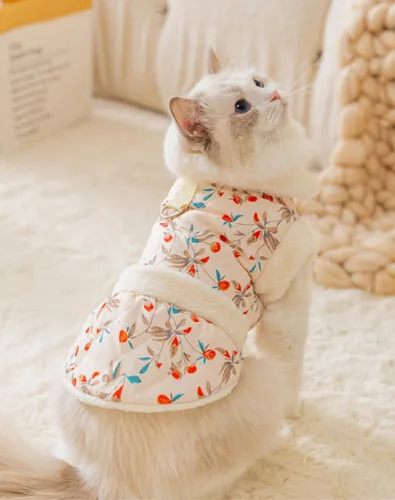 Vista 3 de Abrigo para perro, pijama de invierno para gatos, pequeños trajes de algodón floral para perro, chaqueta acolchada para perro, overol para mascotas
