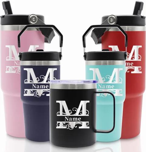 Vista 11 de Vasos de acero inoxidable grabados personalizados con nombres, tazas aisladas personalizadas con asa, taza de café de viaje, regalos para ella/él