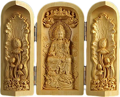 Vista 13 de Caja de oración de budismo tibetano tallado en madera de boj natural (1000 brazos Avalokiteshvara Diosa)