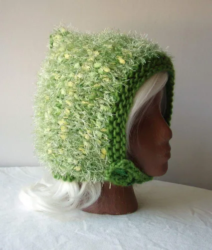 Vista 3 de Green Pixie Hat Fuzzy Wool Hand Knit Elf Hood Unique Handmade Womens Ladies Warm Winter Cap